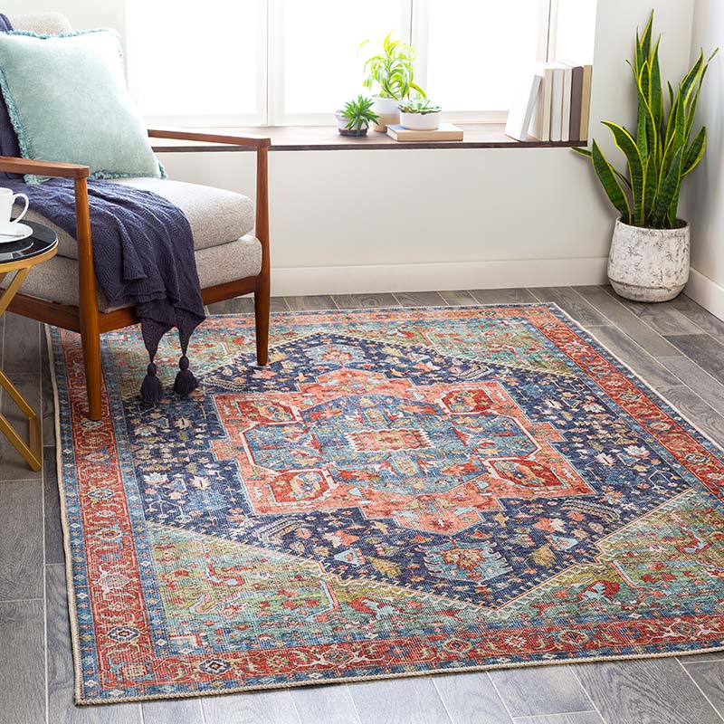 Red and blue patterned area rug by Surya. Name: Amelie. Pattern AML2311. ©Surya