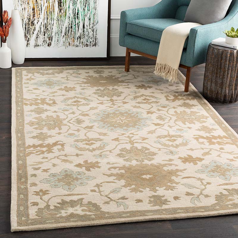 Multi-toned beige area and light blue rug by Surya. Name: Caesar. Pattern CAE1161. ©Surya