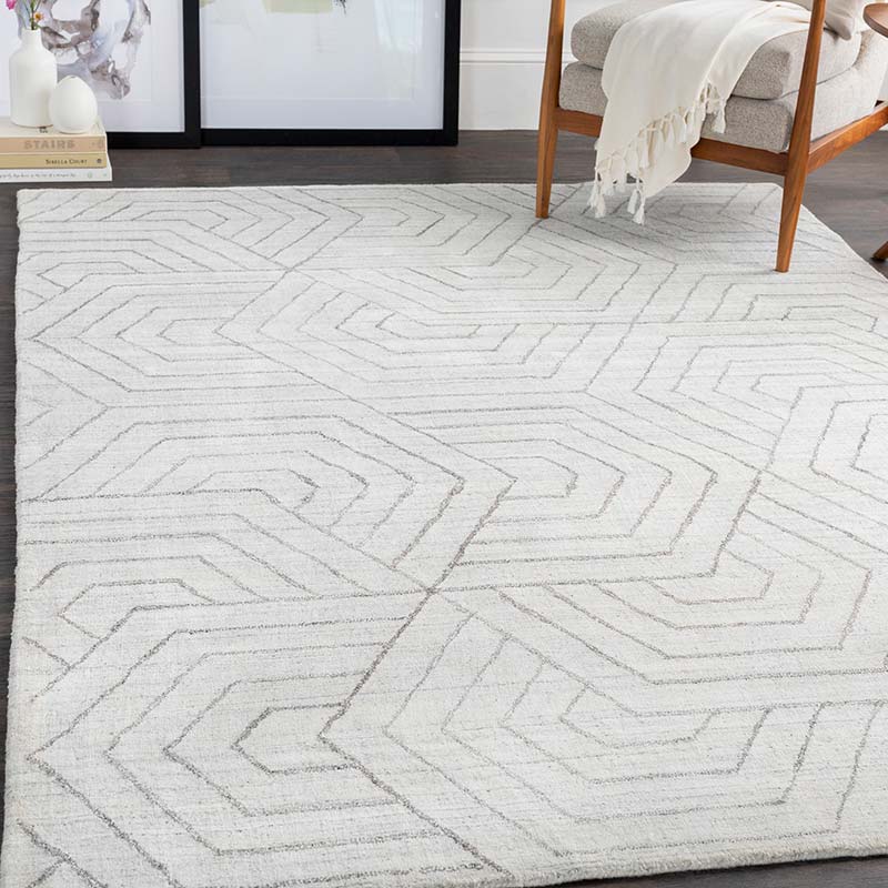 Hexagon pattern gray area rug by Surya. Name: Hightower. Pattern HTW3012. ©Surya