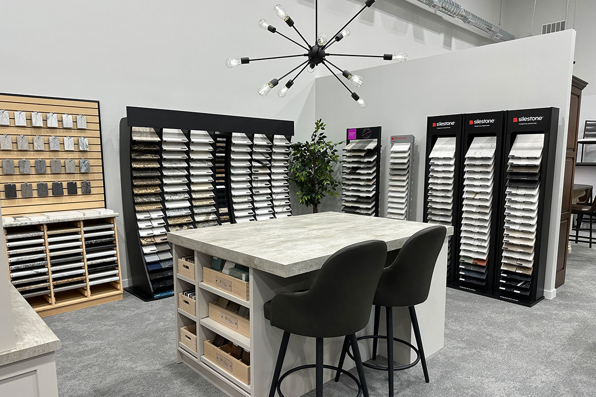 A display of countertop samples at the Creative Kitchens showroom.