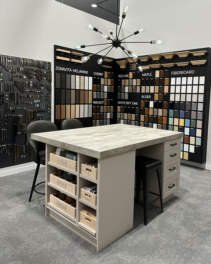 A colourful display of cabinet materials at the Creative Kitchens showroom.
